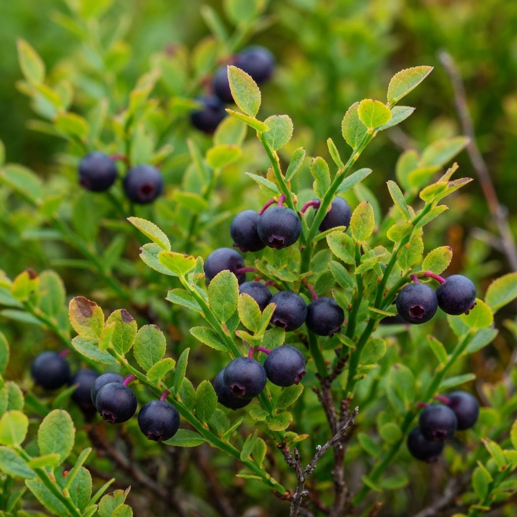 Alpine bilberry bushes with ripe dark purple berries
