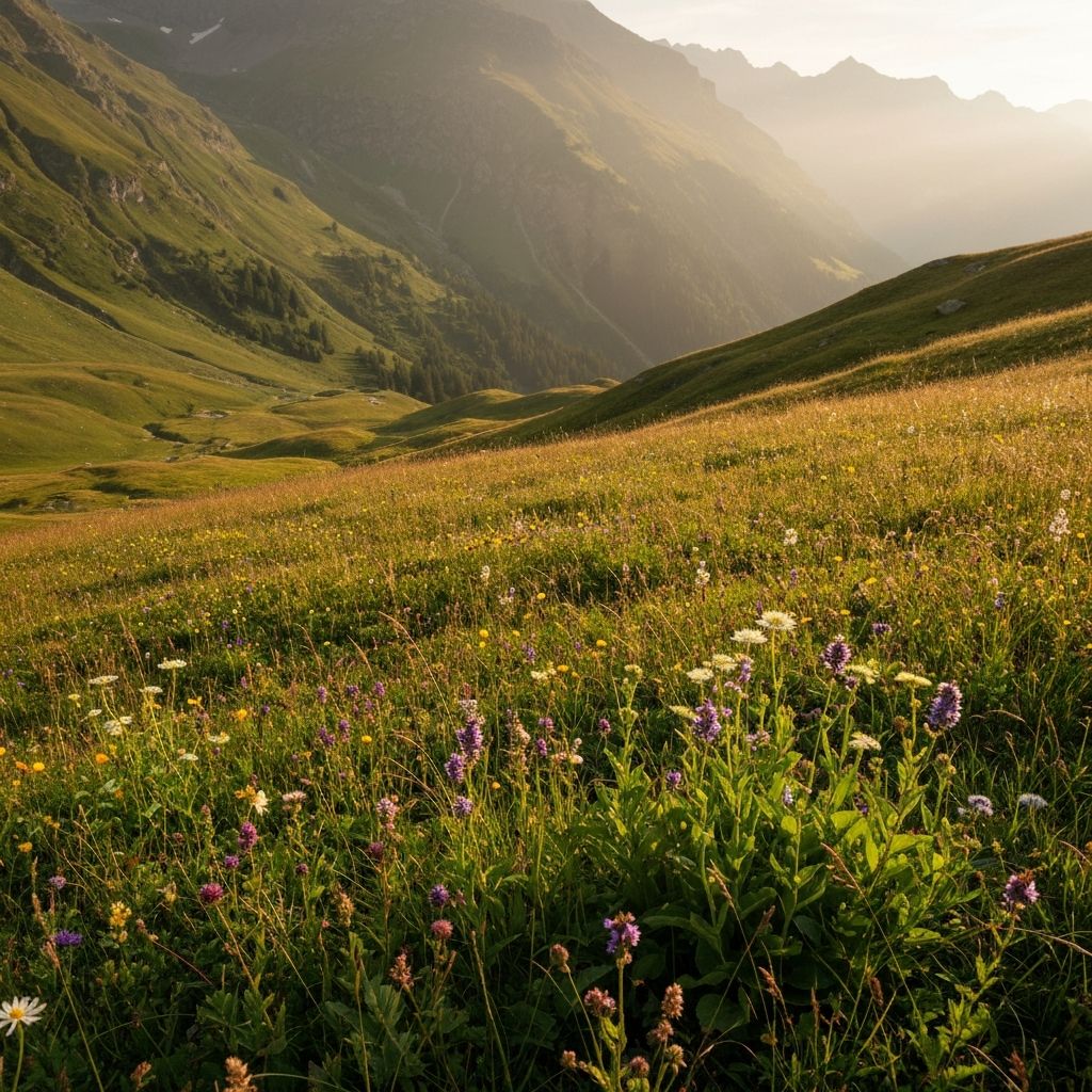 Swiss Alpine meadow with diverse native wildflowers and grasses