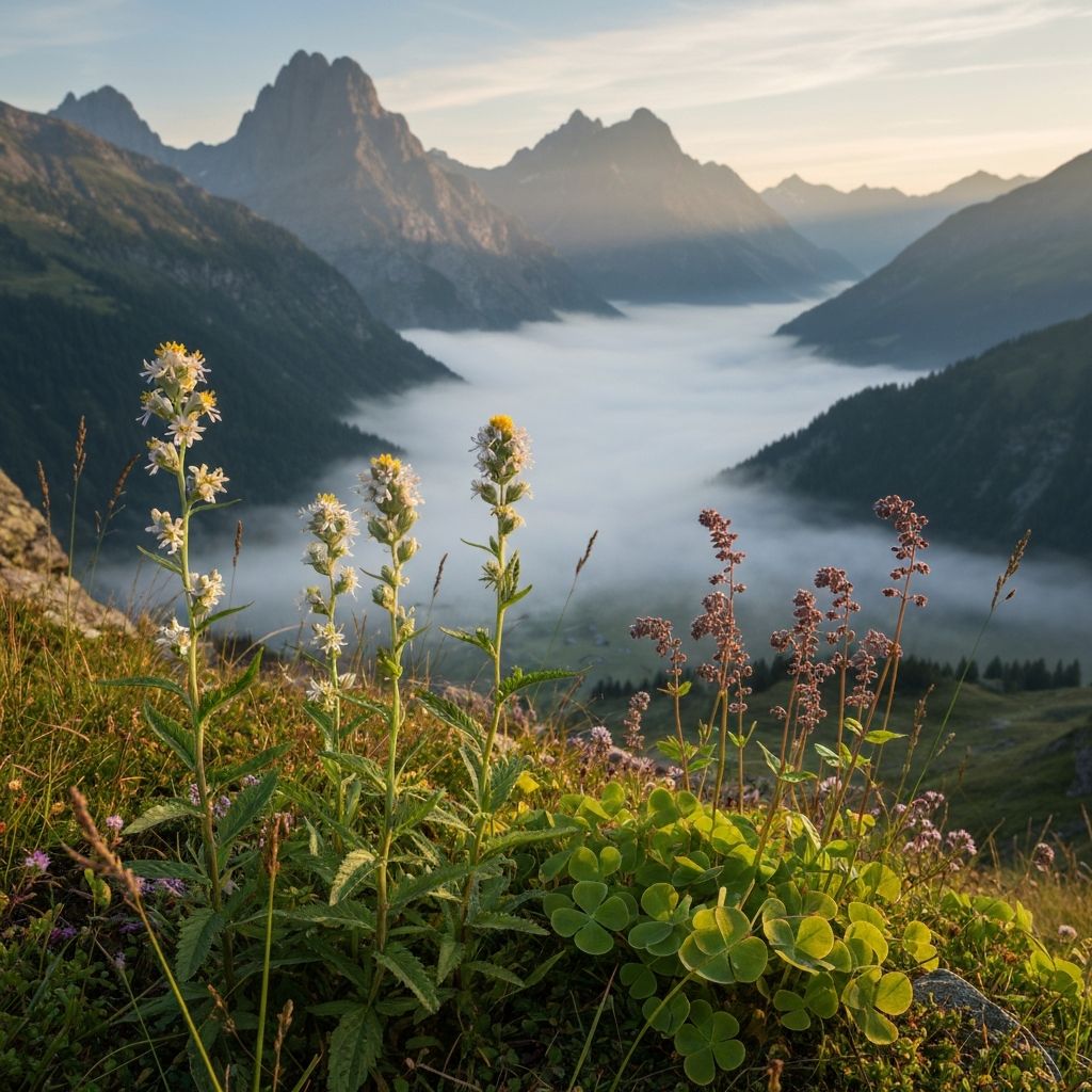 Detailed botanical photograph of Alpine mountain herbs