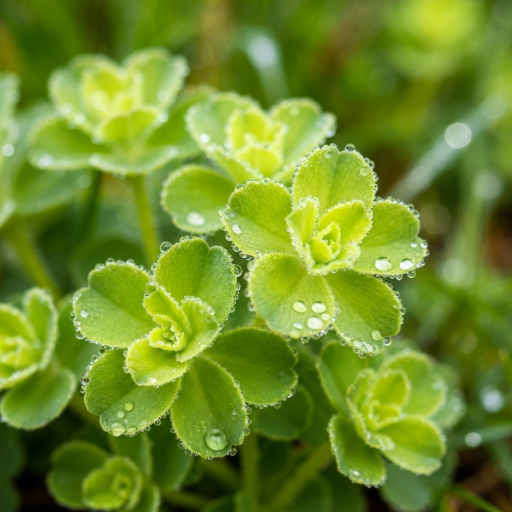 Alpine lady's mantle plant with water droplets on leaves